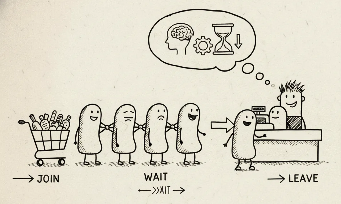 An illustration of a grocery store and a checkout line