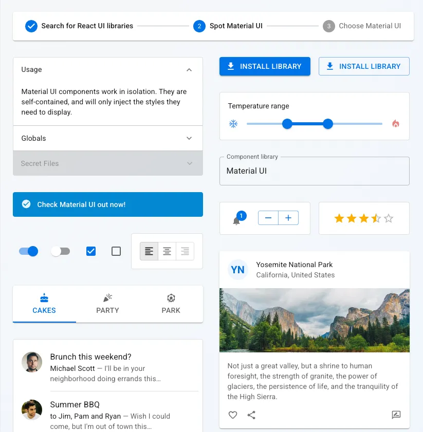 A sample display of MUI components. It highlights MUI&#x27;s free tools, including Material UI and other design system components.