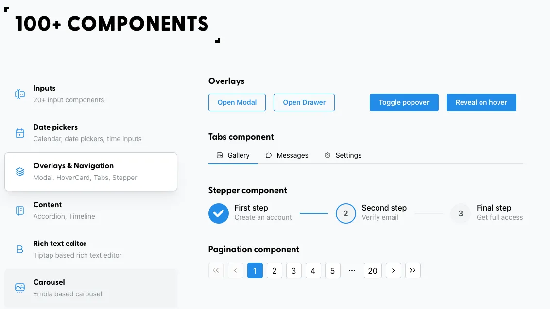 A sample of the customizable components available in Mantine.